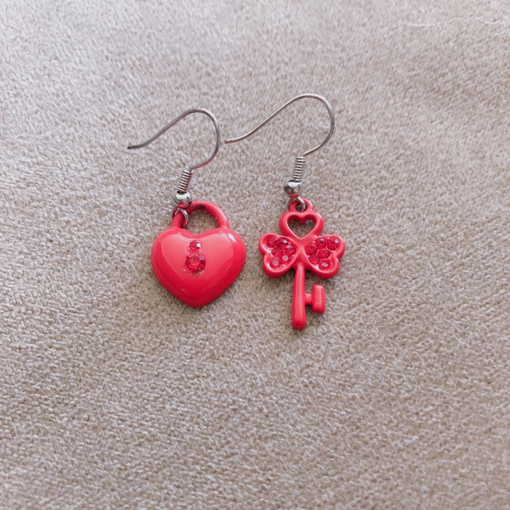 Key Heart Lock Red Cute Earrings